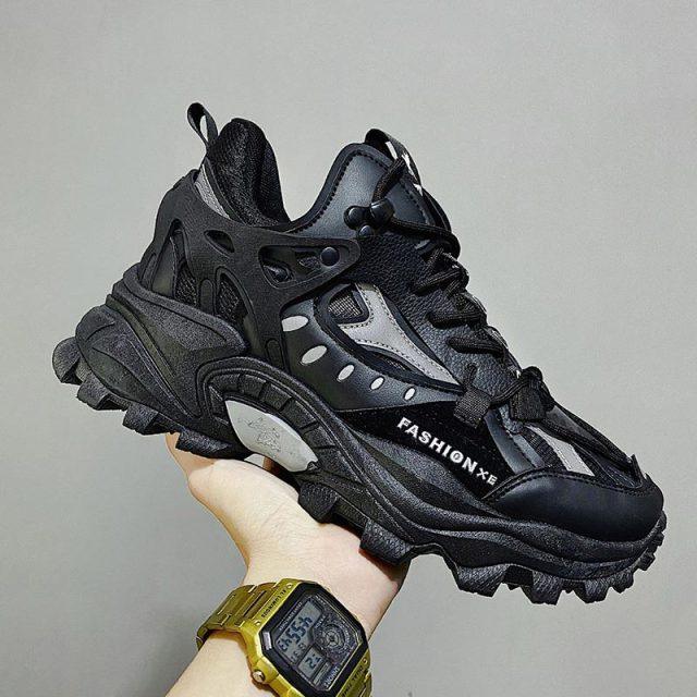 Stevvex men's sneakers black chunky sole breathable sports shoes with rugged overlays on Tampa Home & Garden Store