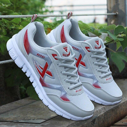 Men's sport light sneakers, breathable gray mesh with red accents and white sole, Stevvex athletic sneakers on Tampa Home & Garden Store