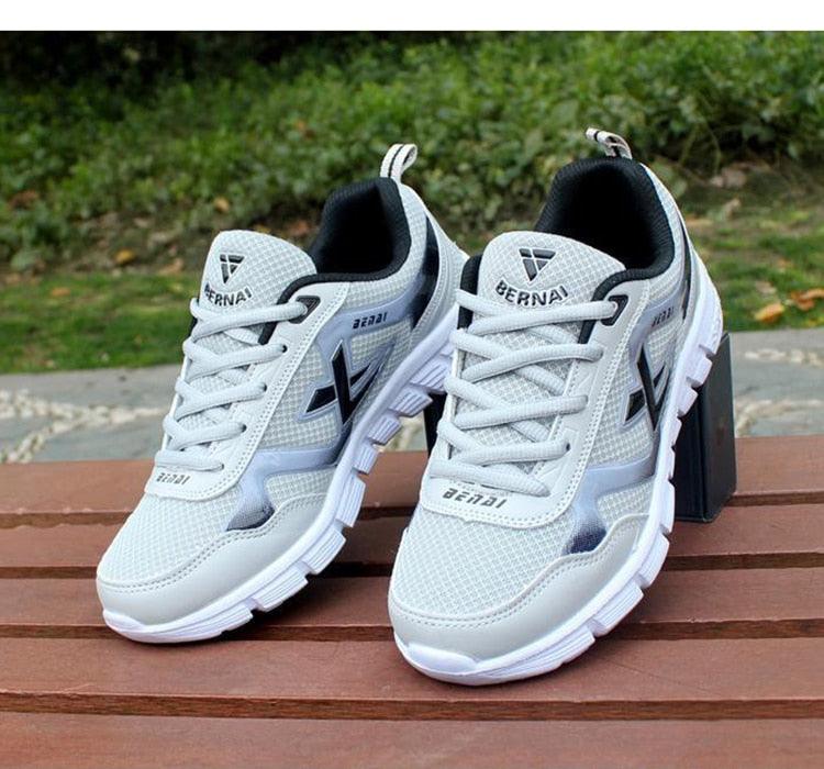 Stevvex men's breathable white-gray mesh sneakers pair with chunky sole for casual running on Tampa Home & Garden Store
