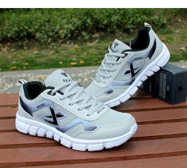 Stevvex men's sport light sneakers breathable mesh upper white/gray with black logo, 1 pair on Tampa Home & Garden Store