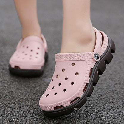 Stevvex pink men's slip-on sandals with perforated upper and rugged black sole on Tampa Home & Garden Store