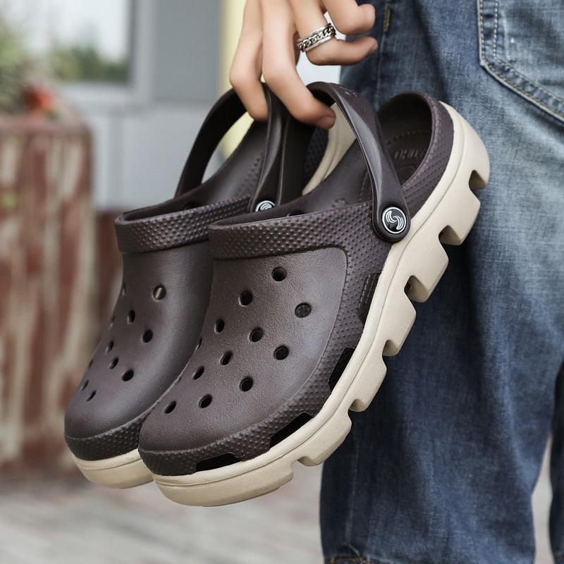 Stevvex men's brown perforated clogs with beige sole and adjustable strap on Tampa Home & Garden Store