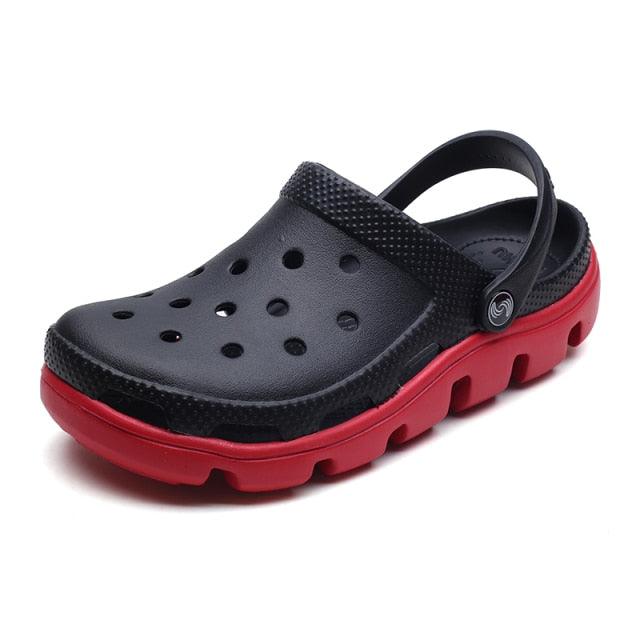 Stevvex men's jelly sandals black upper with perforations and red sole, adjustable heel strap on Tampa Home & Garden Store