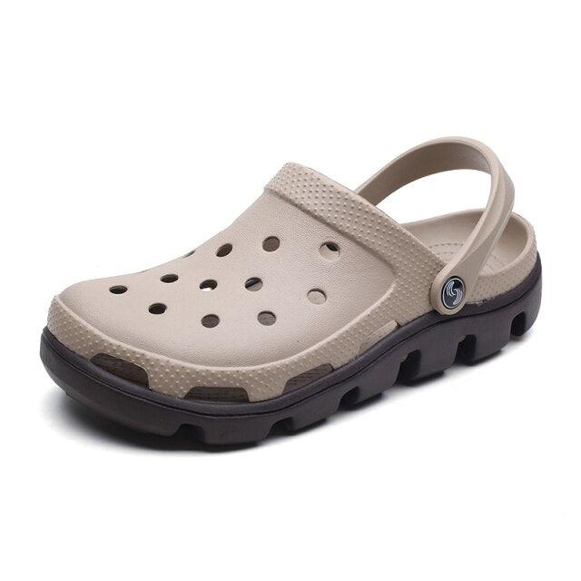 Stevvex men's beige perforated jelly sandals with adjustable heel strap and chunky black outsole on Tampa Home & Garden Store