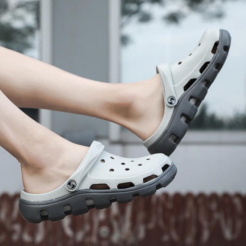 Men's Stevvex white-gray slippers with adjustable strap, hollow-sole garden clogs on Tampa Home & Garden Store
