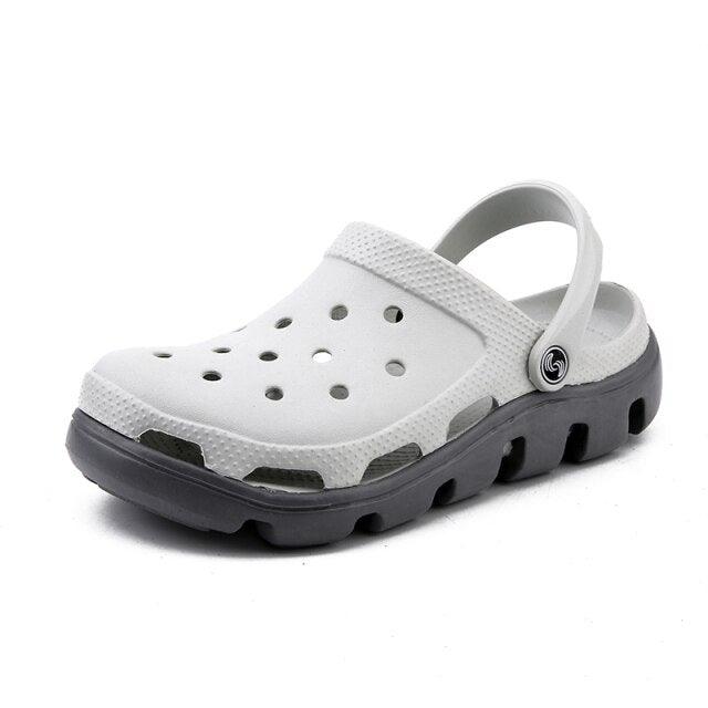 Stevvex men's white jelly sandals with perforated upper, adjustable heel strap, gray sole on Tampa Home & Garden Store