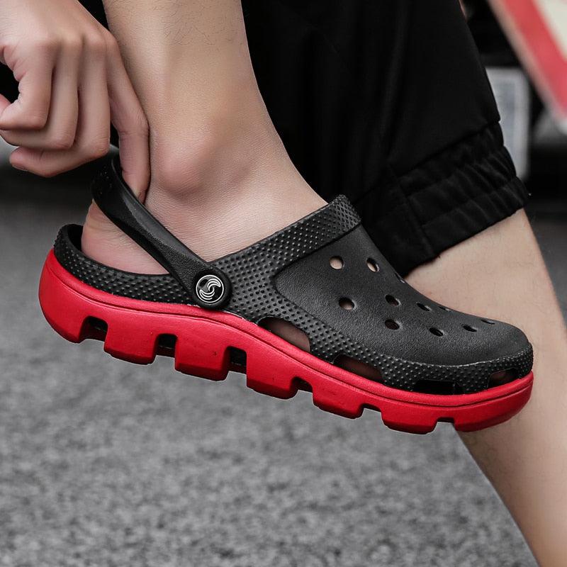 Stevvex men's black jelly sandals with red sole, perforated upper and adjustable strap on Tampa Home & Garden Store