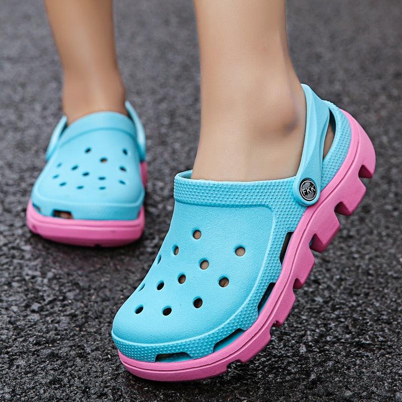Stevvex blue men's slippers with perforated upper, pink outsole, adjustable strap on Tampa Home & Garden Store
