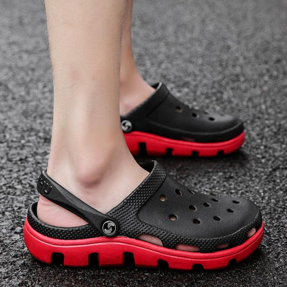 Stevvex men's jelly sandals black upper red sole upper with adjustable back strap pair on Tampa Home & Garden Store