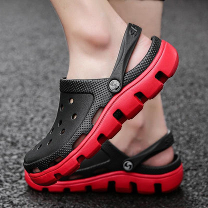 Stevvex men's black perforated beach sandals with red chunky sole and adjustable strap on Tampa Home & Garden Store