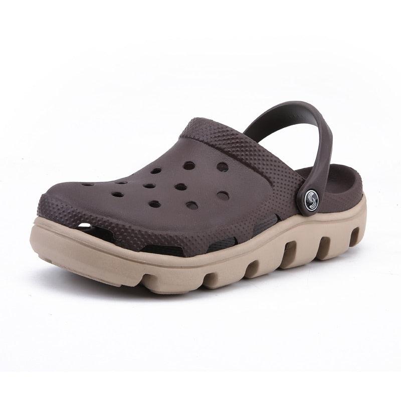 Stevvex men's brown jelly sandals with perforated upper, adjustable heel strap, beige sole on Tampa Home & Garden Store