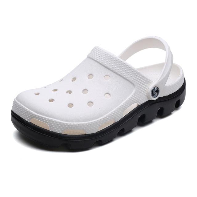 Stevvex men's jelly slippers white perforated upper with back strap and chunky black sole on Tampa Home & Garden Store