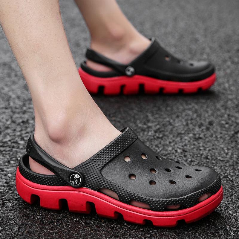 Stevvex men's black perforated jelly slippers with red sole and adjustable strap on Tampa Home & Garden Store
