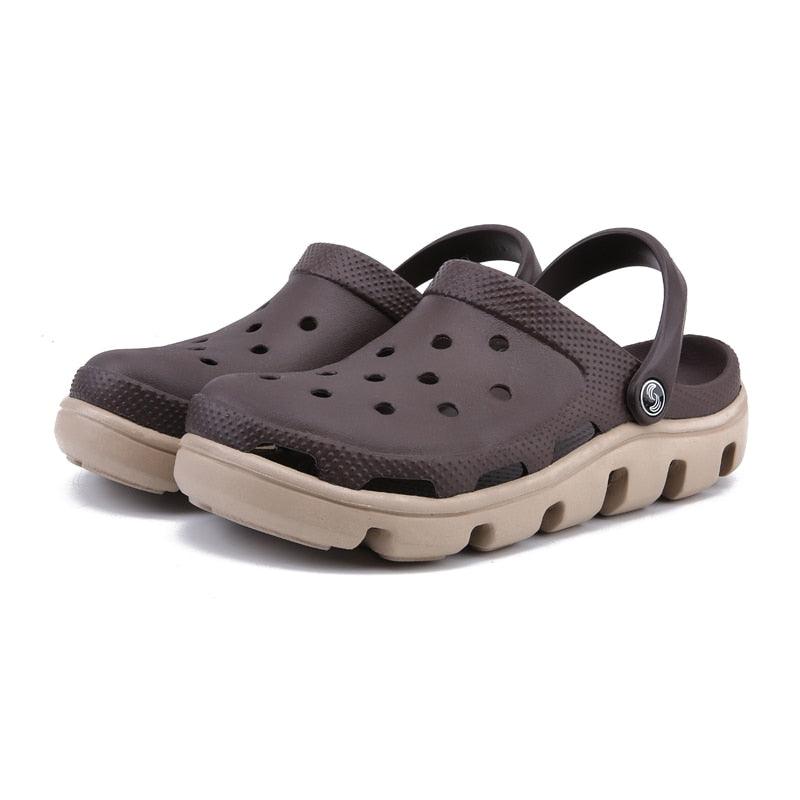 Stevvex men's jelly sandals pair with brown upper and tan sole, adjustable heel strap on Tampa Home & Garden Store