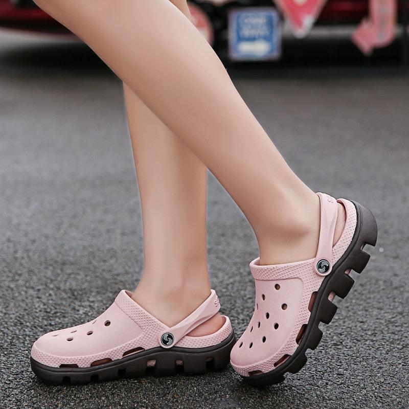Stevvex men's pink jelly sandals with adjustable heel strap, perforated upper, chunky outsole on Tampa Home & Garden Store