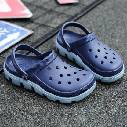 Stevvex two navy blue garden slippers with back strap and perforated holes, light sole on Tampa Home & Garden Store