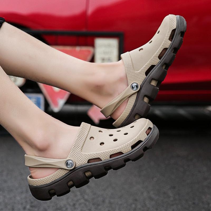 Stevvex men's beige perforated slippers with adjustable back strap and rugged chunky sole on Tampa Home & Garden Store