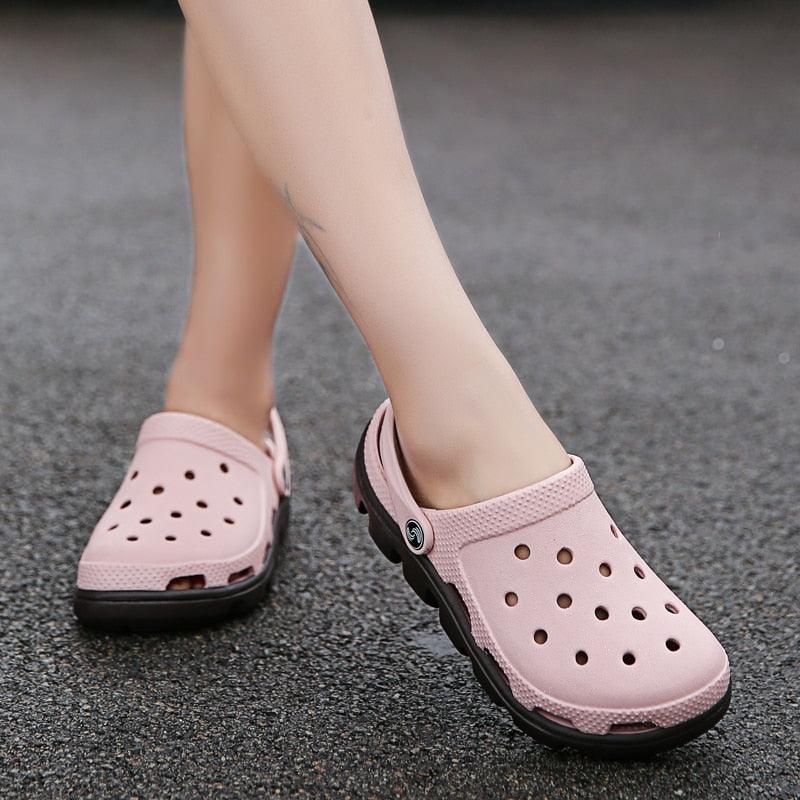 Stevvex pink perforated slip-on slippers with adjustable heel strap garden clogs on Tampa Home & Garden Store