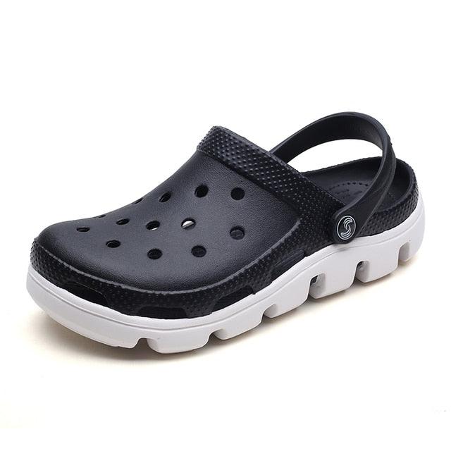 Stevvex men's jelly slippers black with adjustable back strap and white outsole on Tampa Home & Garden Store