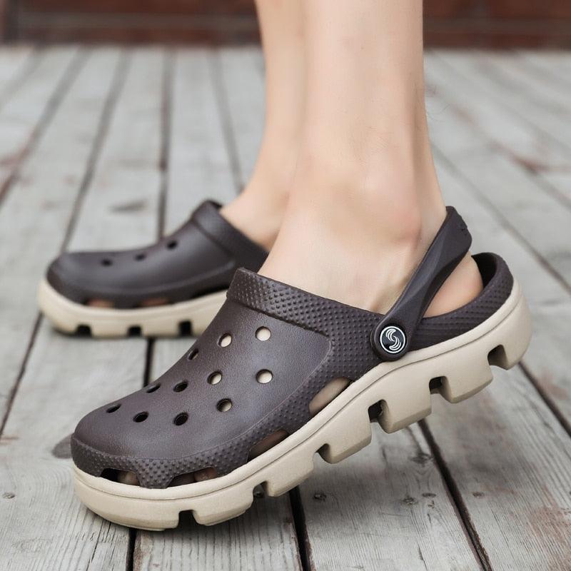 Men's Stevvex summer slippers brown-gray clogs with adjustable strap on Tampa Home & Garden Store