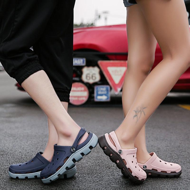 Stevvex men's jelly sandals navy and pink, adjustable heel straps, two pairs shown on Tampa Home & Garden Store