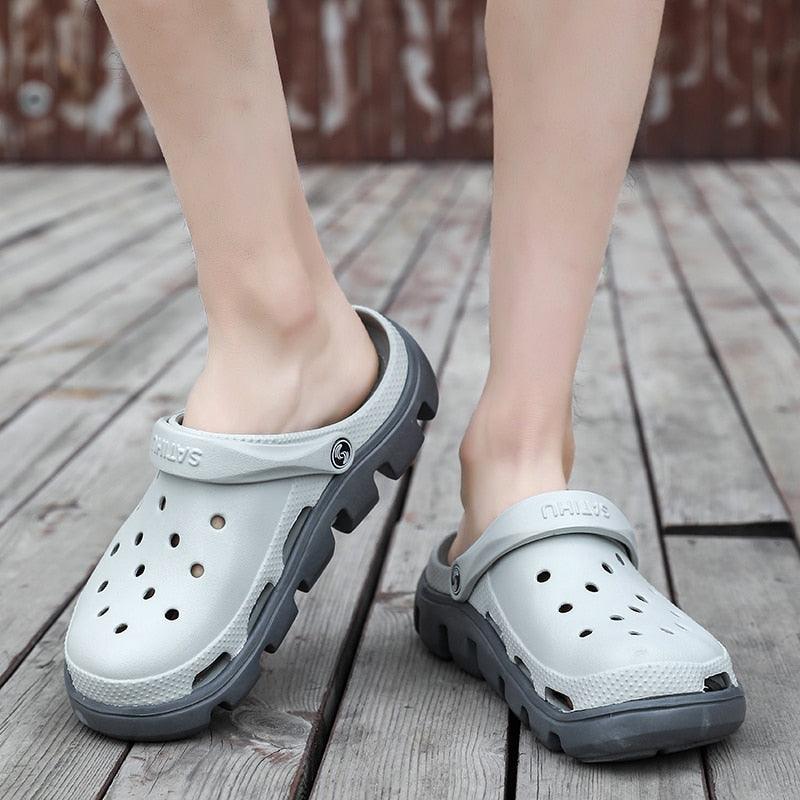 Stevvex men's grey perforated slippers with adjustable back strap and rugged sole pair on Tampa Home & Garden Store