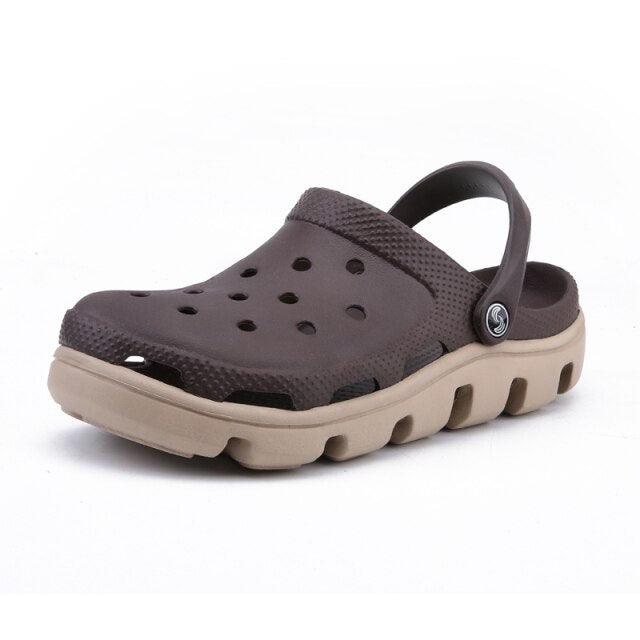 Stevvex mens brown perforated garden slippers with beige sole and back strap on Tampa Home & Garden Store
