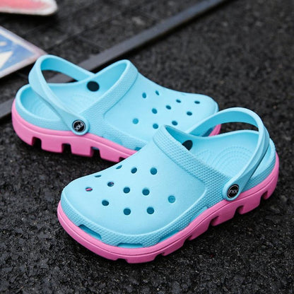 Stevvex blue men's slippers with pink sole, perforated upper, adjustable heel strap on Tampa Home & Garden Store