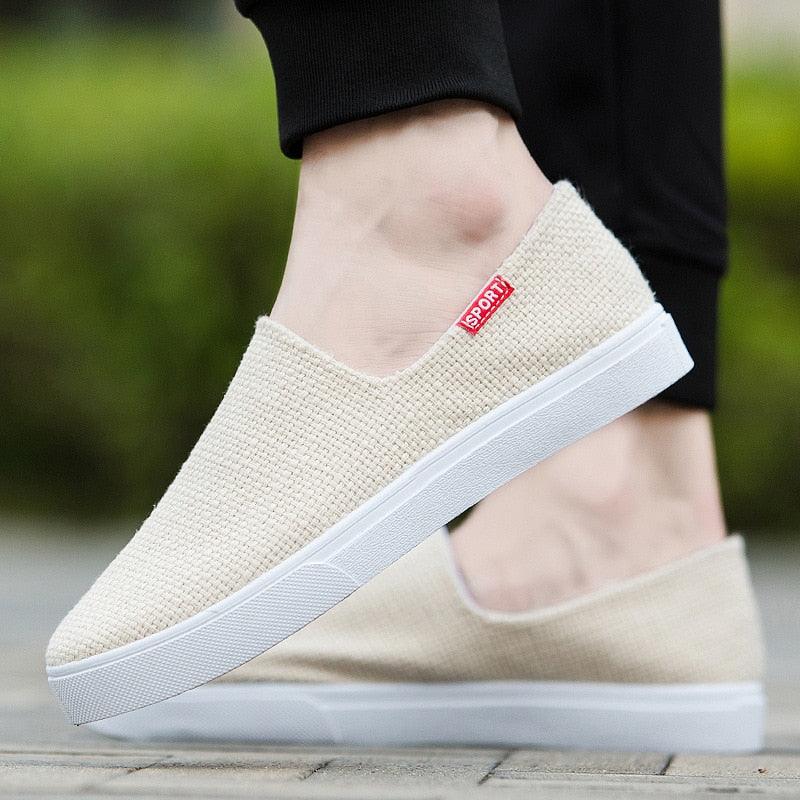 Beige canvas slip-on sneakers with white sole, casual walking shoes, SPORT label Stevvex on Tampa Home & Garden Store