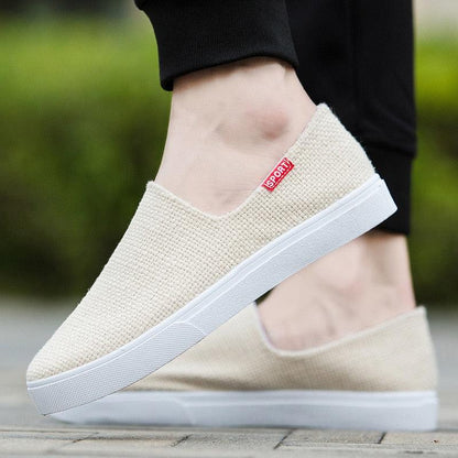 Beige canvas slip-on sneakers with white sole, casual walking shoes, SPORT label Stevvex on Tampa Home & Garden Store