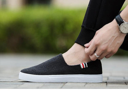 Stevvex black canvas slip-on sneaker with white sole on Tampa Home & Garden Store