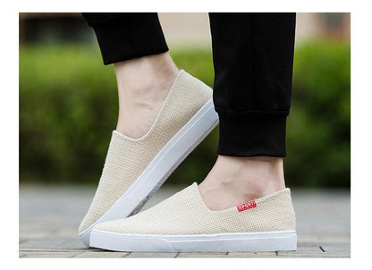 Stevvex beige canvas slip-on sneakers with white sole, casual walking shoes pair on Tampa Home & Garden Store