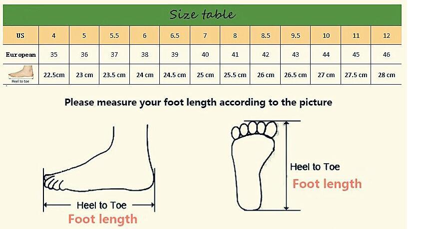 Stevvex sneakers size chart with US/European sizes and foot-length diagrams on Tampa Home & Garden Store