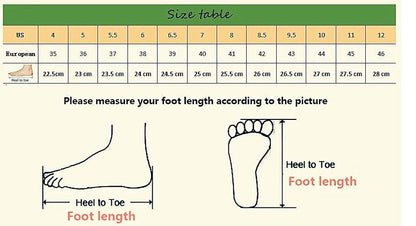 Stevvex sneakers size chart with US/European sizes and foot-length diagrams on Tampa Home & Garden Store