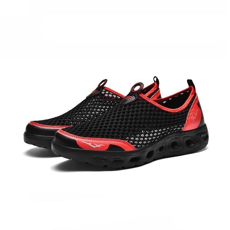 Stevvex mesh aqua shoes black with red trim breathable quick-dry water sneakers with anti-skid sole on Tampa Home & Garden Store