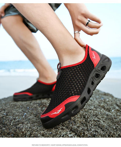 Stevvex men's mesh water sneakers, black with red trim, breathable quick-dry beach swim shoes on Tampa Home & Garden Store