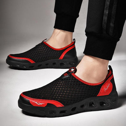 Mens aqua mesh sneakers Stevvex breathable upper red trim anti skid sole beach swim shoes on Tampa Home & Garden Store
