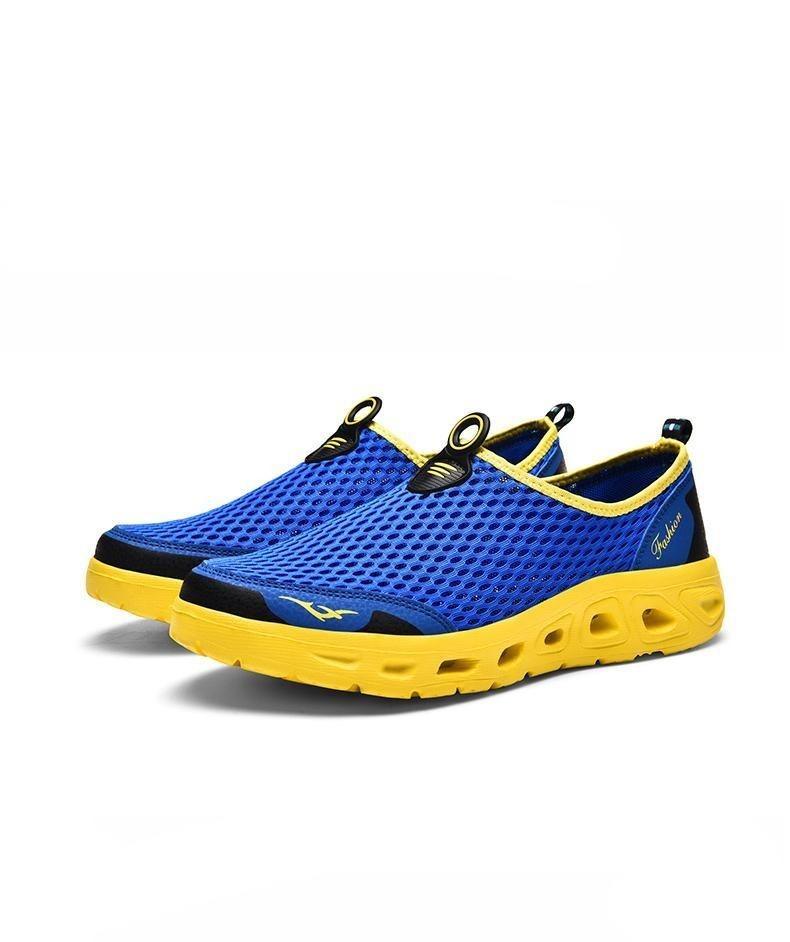 Stevvex mesh aqua shoes pair blue breathable upper yellow sole sneakers on Tampa Home & Garden Store