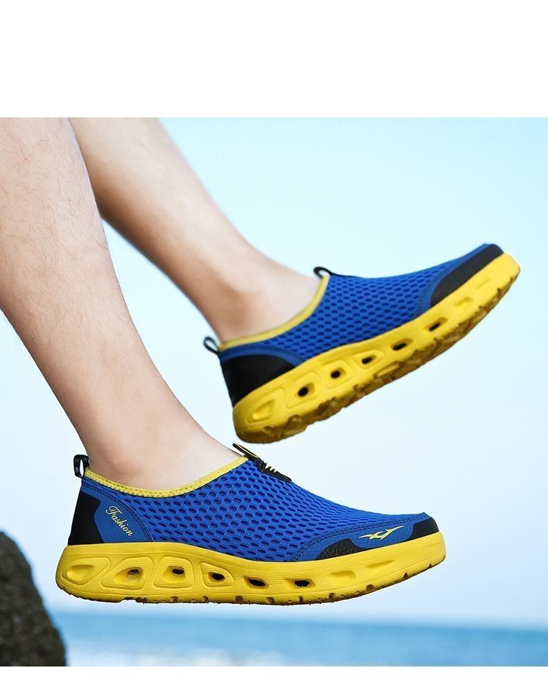Stevvex mesh aqua shoes, blue breathable upper with yellow quick-dry sole for water activities on Tampa Home & Garden Store