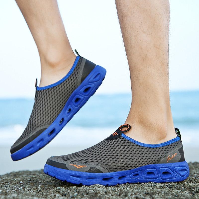 Stevvex mesh aqua sneakers, gray mesh upper with blue sole, quick-dry water shoes pair on Tampa Home & Garden Store
