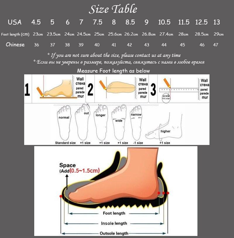 Stevvex sneakers size table graphic showing USA & Chinese sizes and foot-measurement diagrams on Tampa Home & Garden Store
