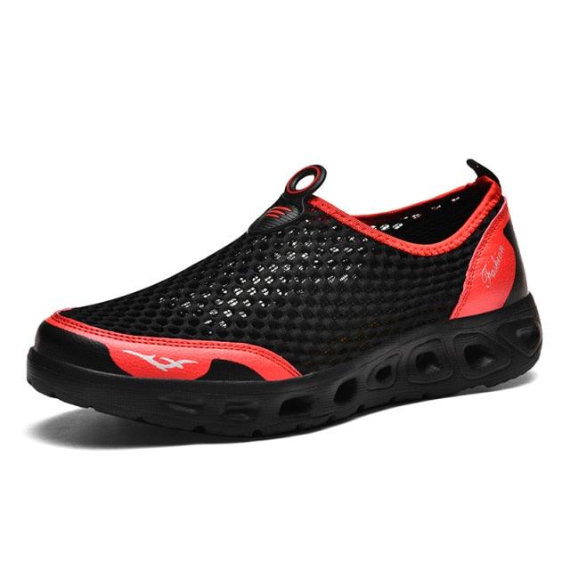 Stevvex mesh aqua shoes, black breathable upper with red trim, quick-dry water sneakers on Tampa Home & Garden Store