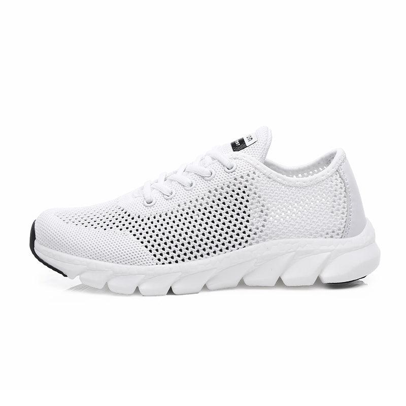 Stevvex white mesh sneakers, breathable knit upper, lightweight flat running shoes on Tampa Home & Garden Store
