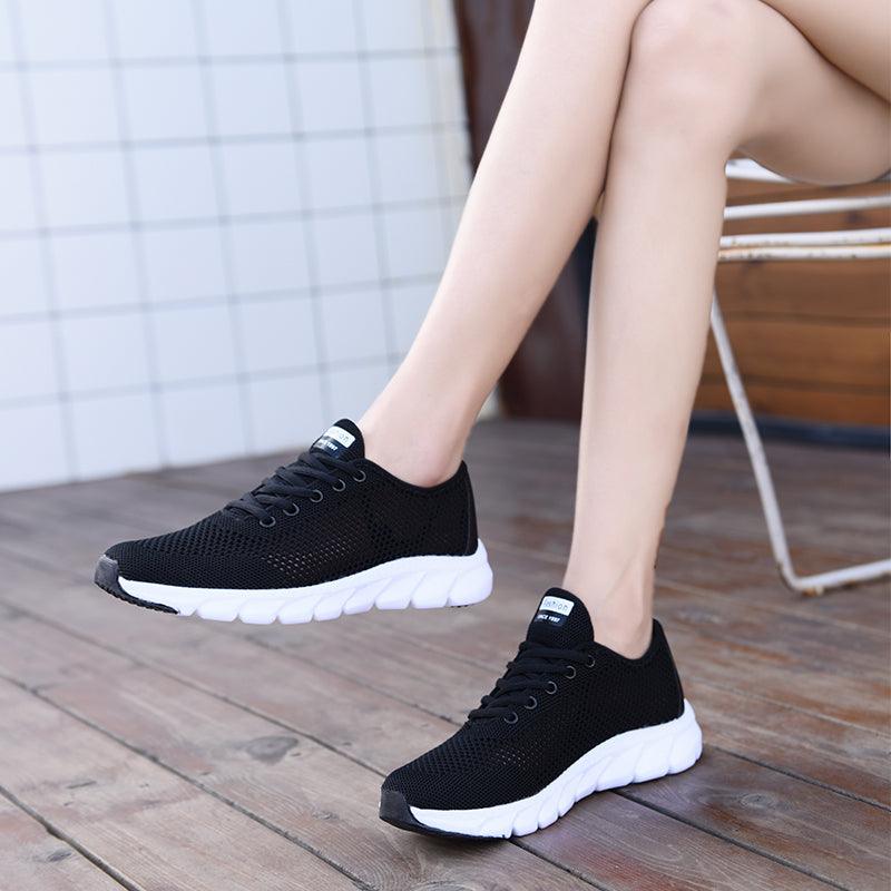 Stevvex black mesh sneakers for women with white sole, breathable lightweight running shoes on Tampa Home & Garden Store