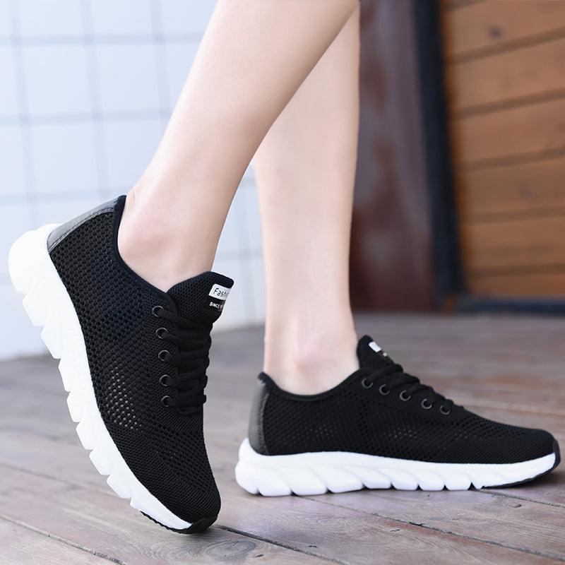 Sneakers Stevvex mesh womens black breathable knit upper with white chunky non-slip sole on Tampa Home & Garden Store