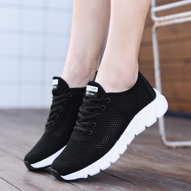 Stevvex New Mesh Womens Sneakers black breathable upper lace-up with white chunky sole on Tampa Home & Garden Store