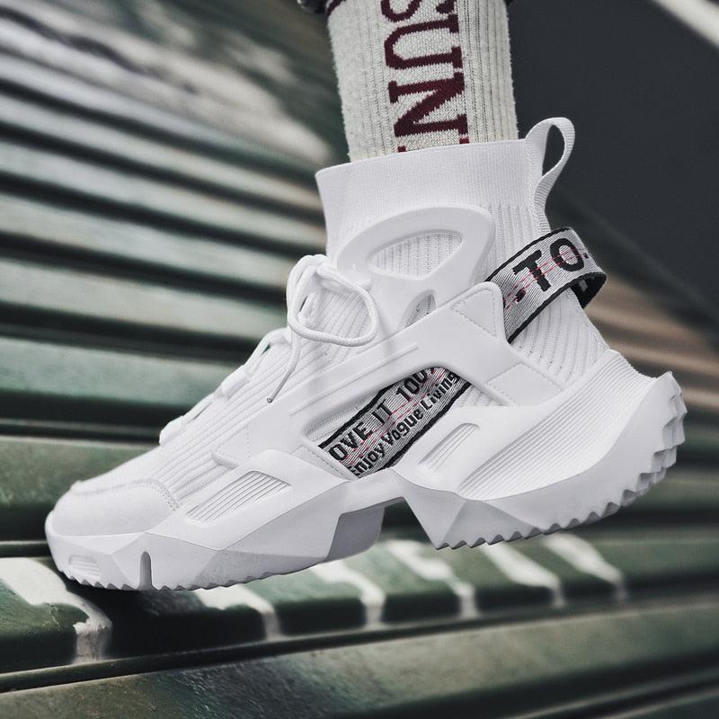 White mesh men's sneakers with sock-style knit collar, chunky non-slip sole and side strap on Tampa Home & Garden Store