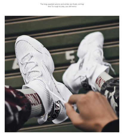 Mens white breathable mesh sneakers with lace-up front and chunky sole on Tampa Home & Garden Store
