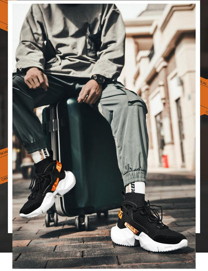 Men's sneakers Stevvex black mesh with orange accents, chunky white sole, non-slip walking on Tampa Home & Garden Store