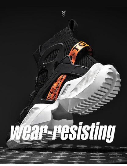 Stevvex men's sneakers with breathable black mesh upper, orange pull tabs, chunky white outsole on Tampa Home & Garden Store